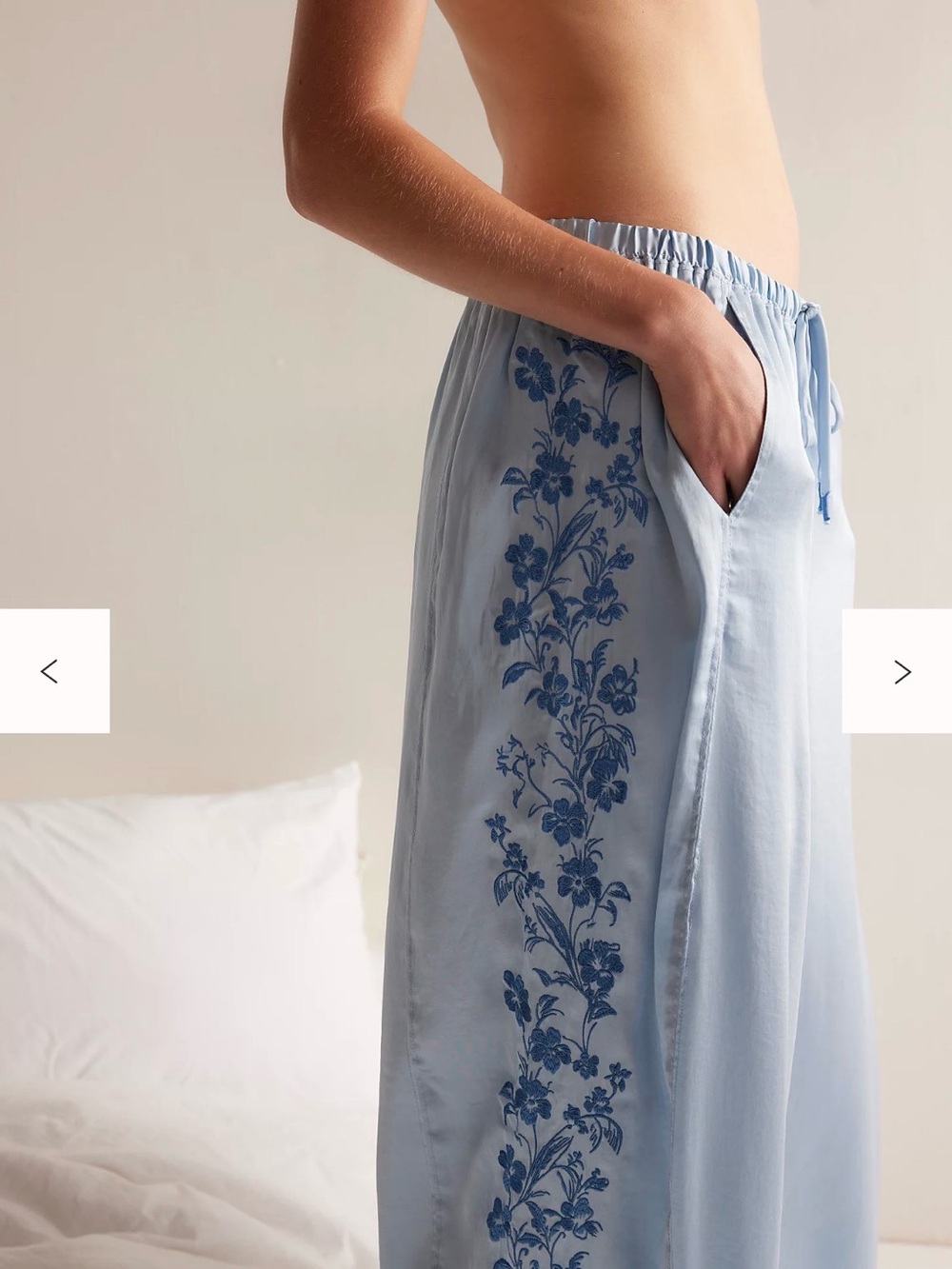 Free People Light Blue Wide-Leg Pajama Pants with Navy Floral Embroidery